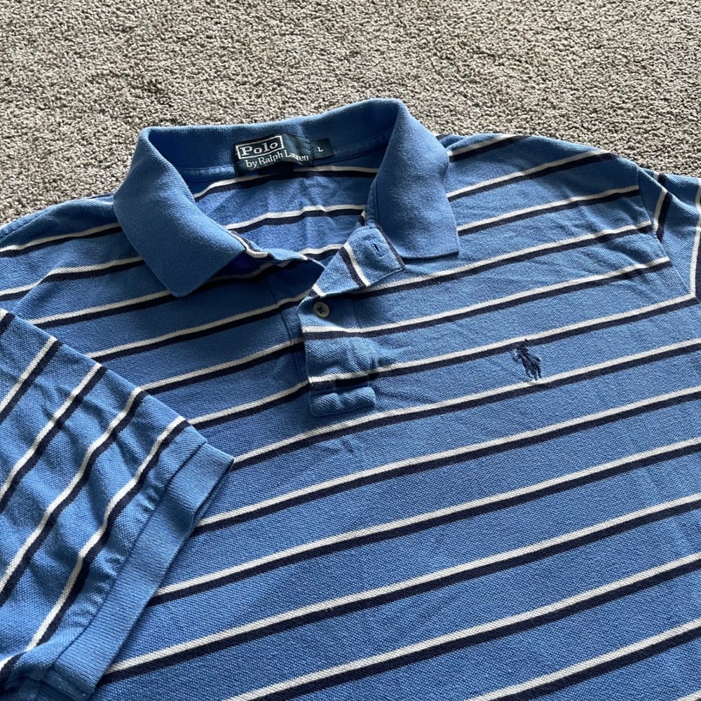 Mens Polo Ralph Lauren Polo Shirt Large Blue Striped Excellent Short Sleeve